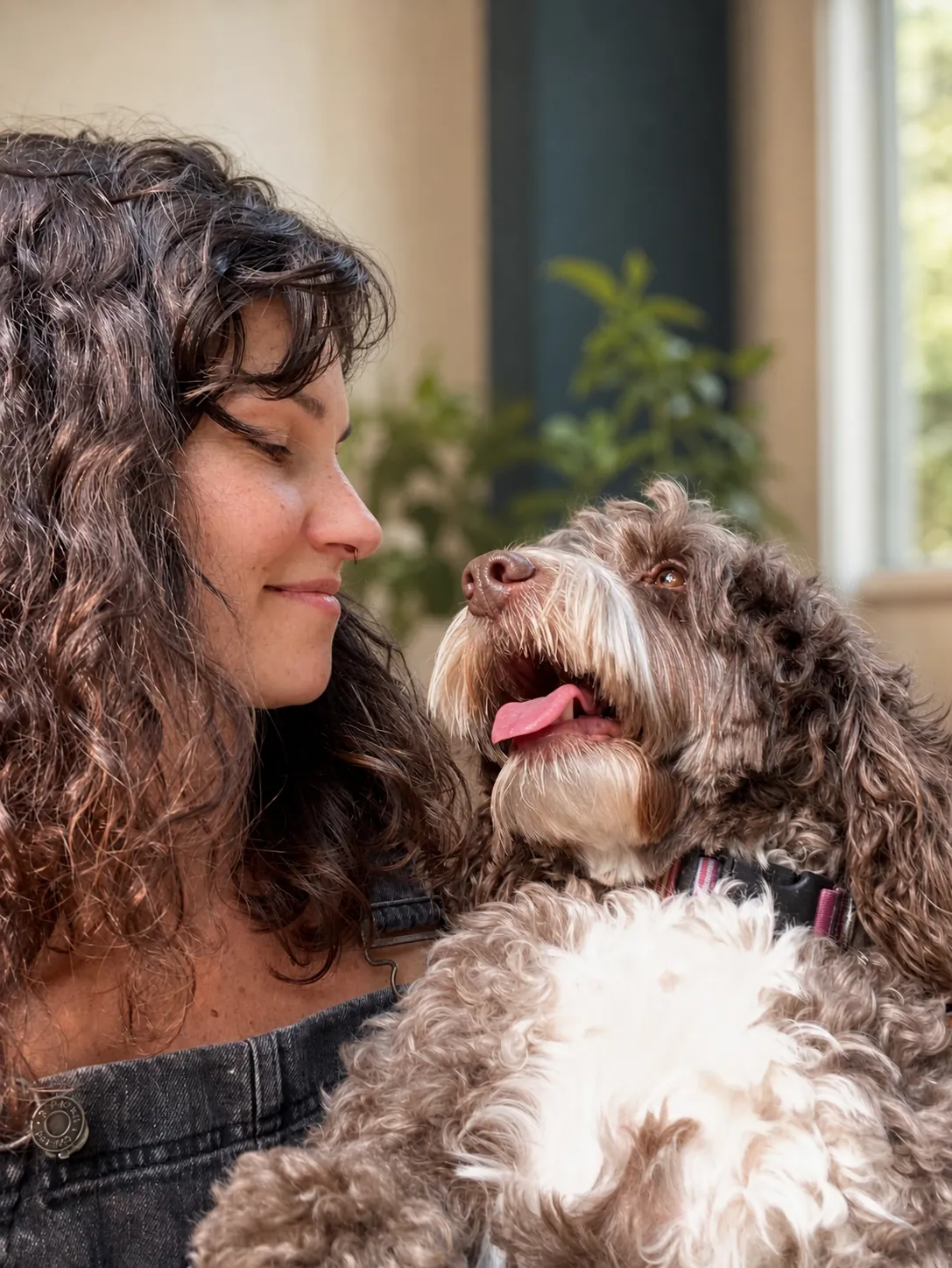 Tera Pareja at home with her emotional support dog
